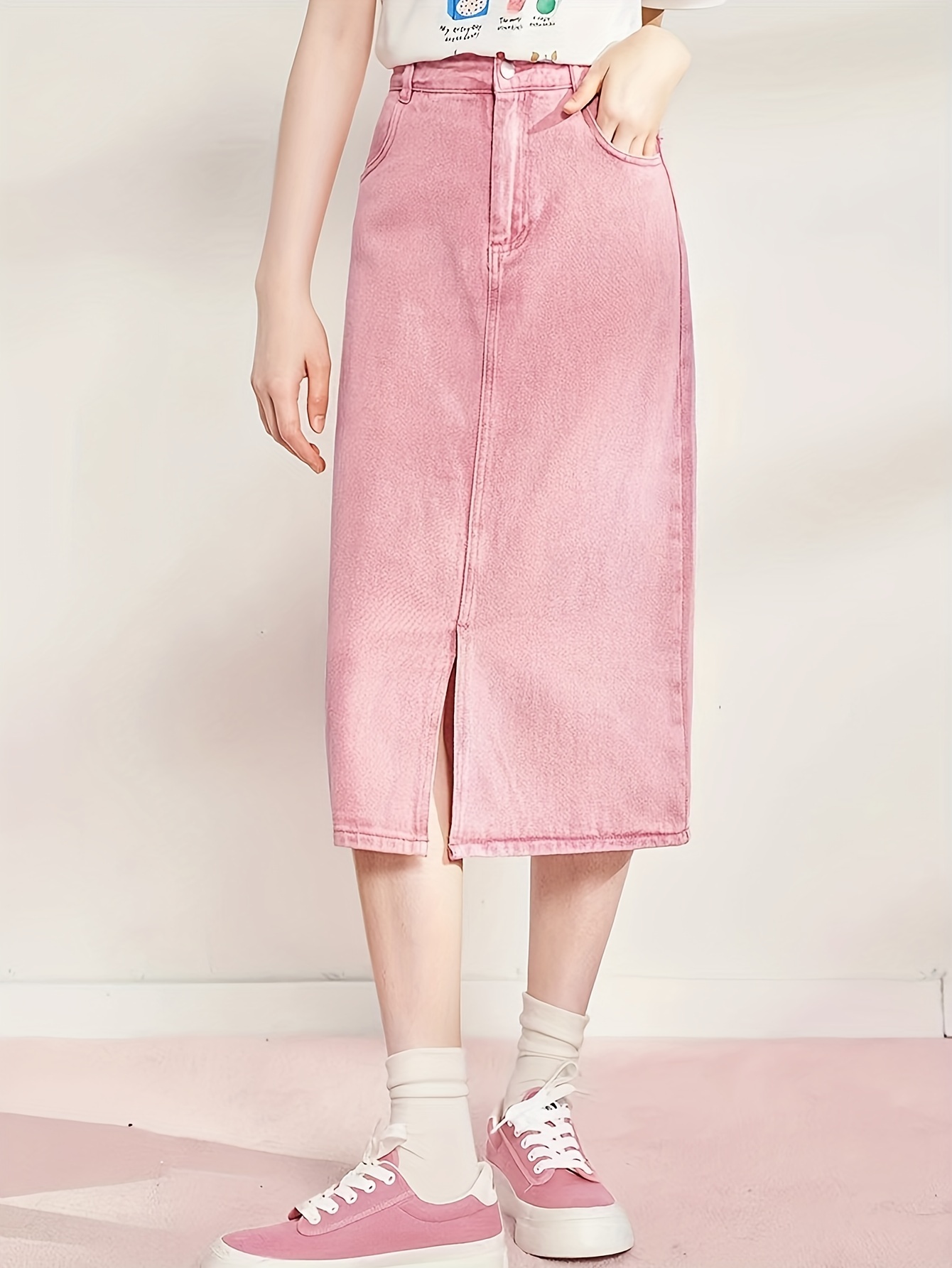 chic pink denim midi skirt pockets women elegant non stretch