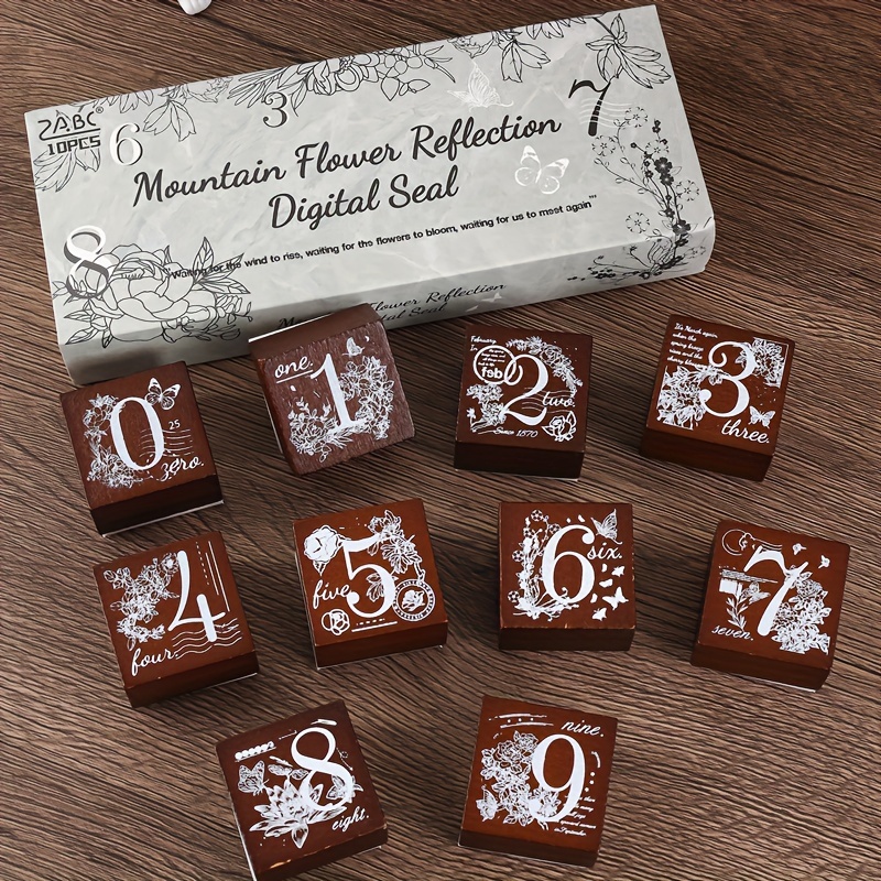 

10pcs Wood Stamp Set - Mountain Flower Reflection Series With Numbers & Botanical Patterns, Ideal For Scrapbooking Diy Journal Decoration