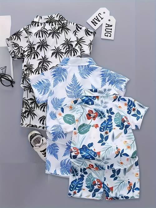 3 sets of 6pcs boys tropical beach vacation short sleeve shirt outfit for outdoor