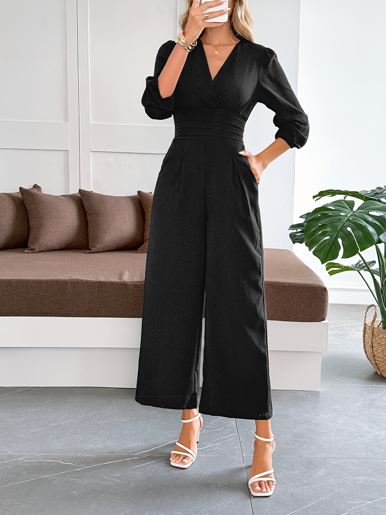 summer chic] elegant black v neck long sleeve jumpsuit tie Temu