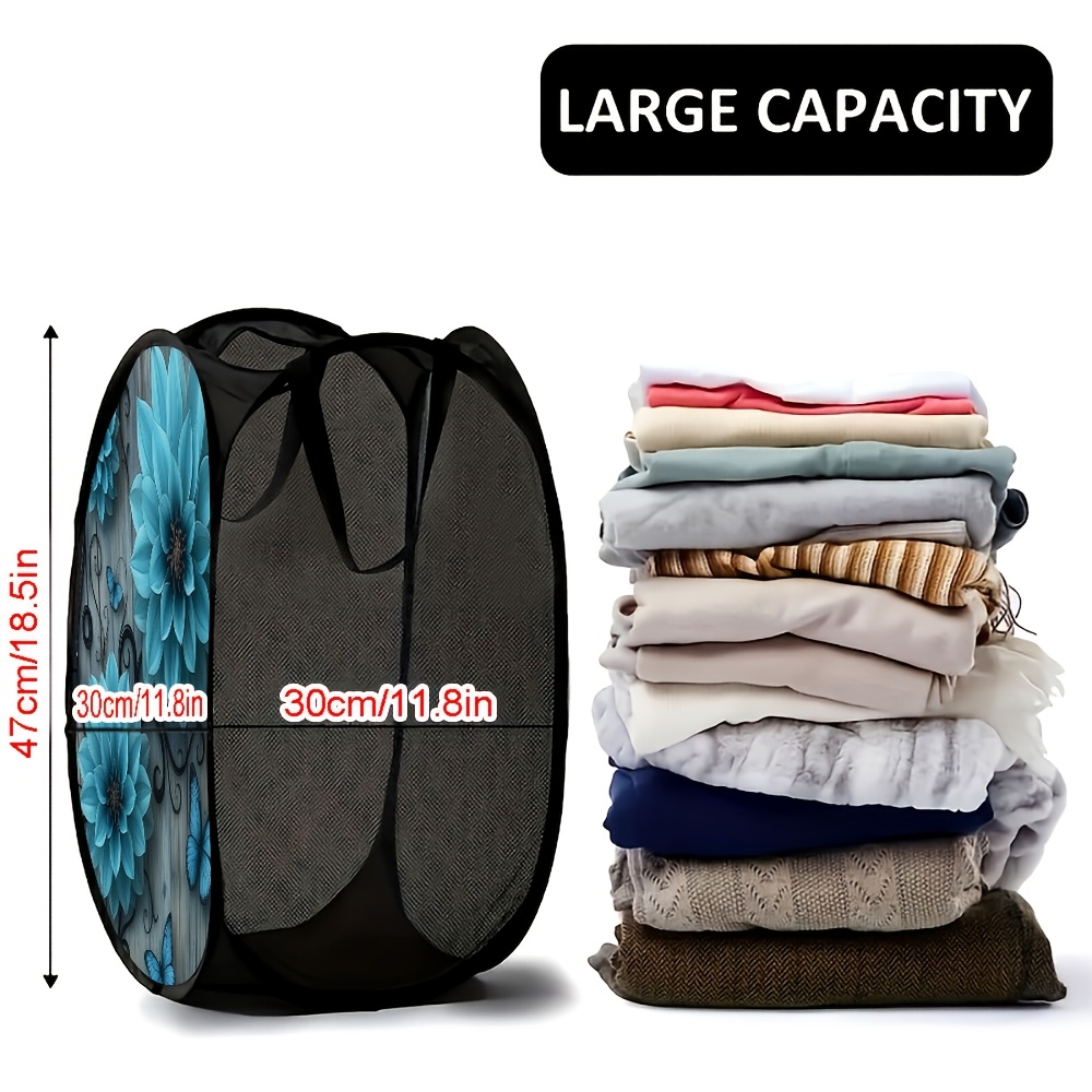 TEMU 1pc Of A Stylish Blue Floral Patterned Pop-up Laundry Basket, Saving Space In Your Bedroom And Bathroom For Valentine's Day