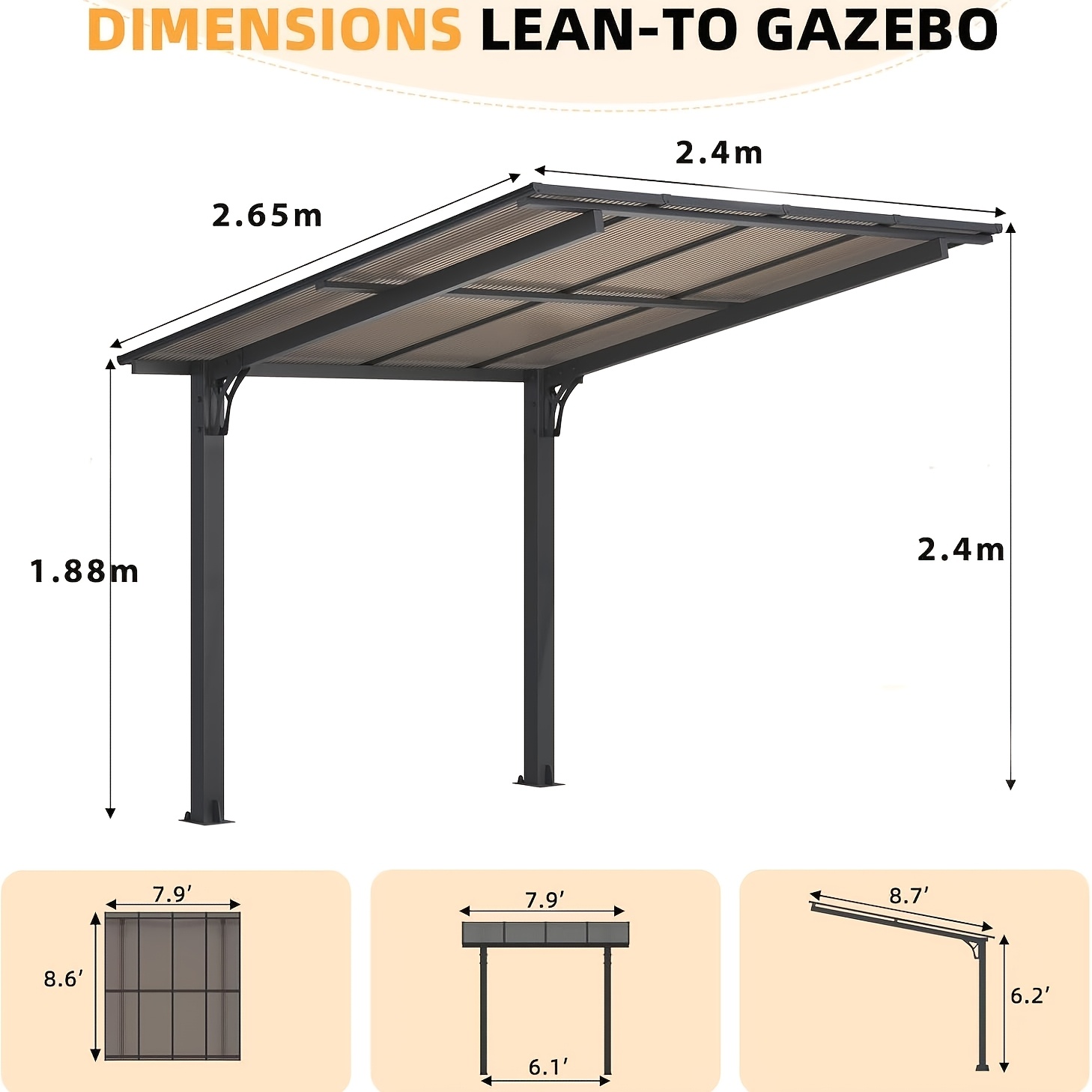 3×3 meter Vrijstaand Hard-top Gazebo, Tuin Gazebo/Carport voor Buiten, met Wandmontage, Heavy-duty Luifel met Schuine Dak, Perfect voor Terrassen en Terrasgebieden
