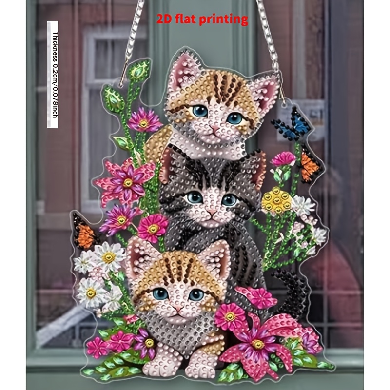 TEMU 2d Flat Printing Diamond Painting Pendant, 5d Cat Diamond Painting Kit For Adults, Crystal Art Window Painting, Hanging Decoration Suitable For