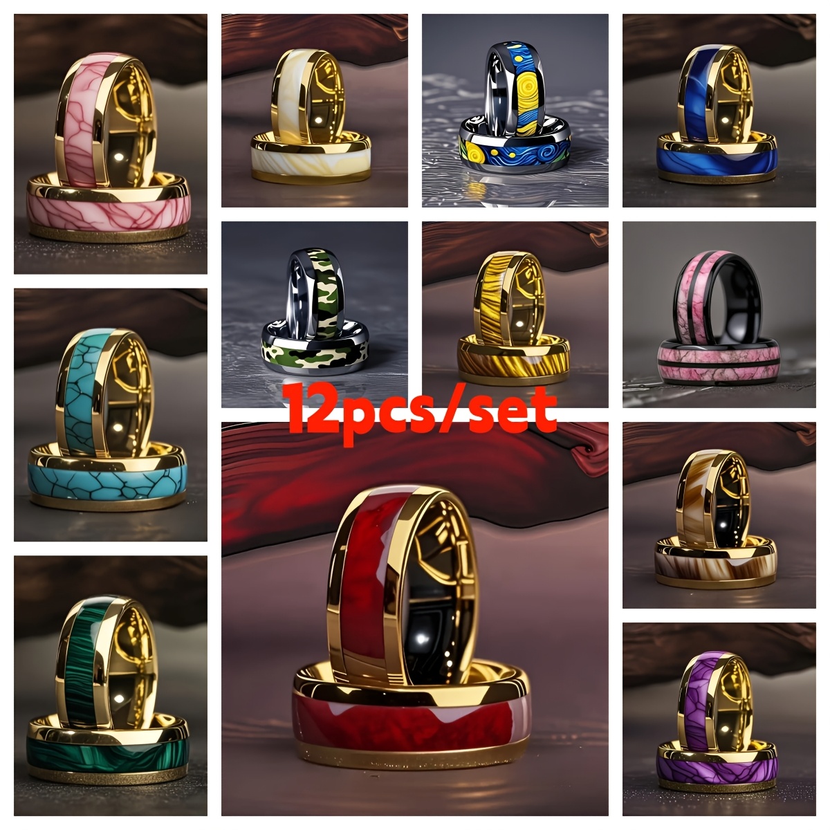 TEMU 12pcs Per Set For Men And Women, 12 Different Styles Of Couple Engagement Rings, , Suitable For Wearing Jewelry On Any Occasion, Engagement Party Anniversary Jewelry