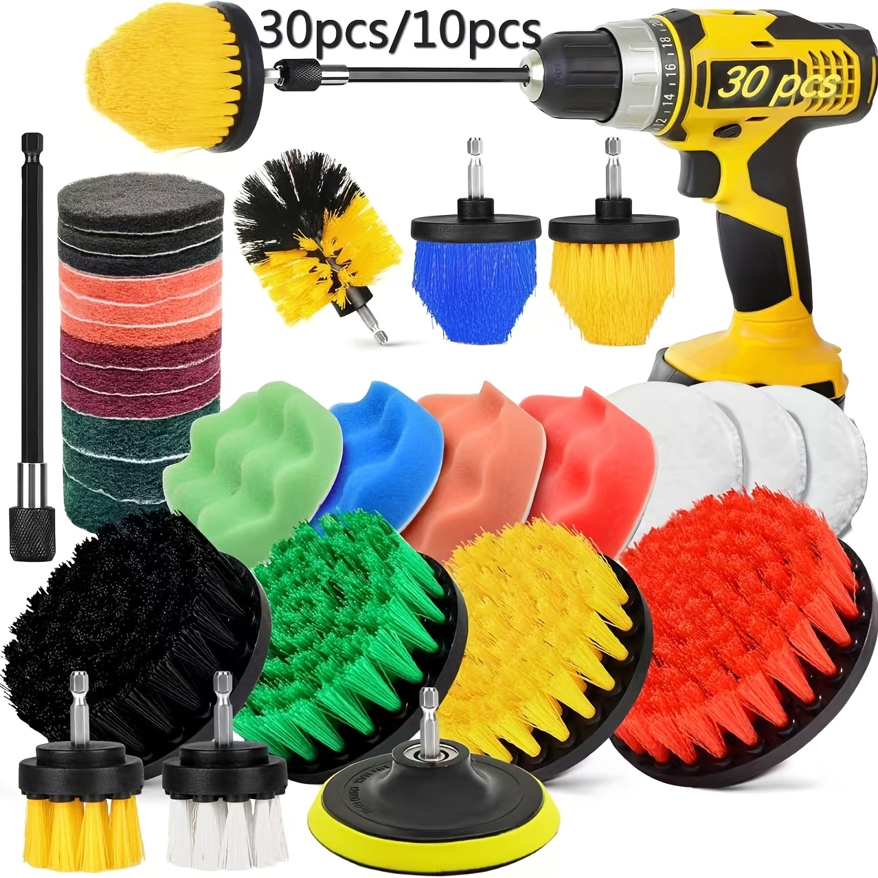 

10/30pcs Drill Brush Attachment Set With Scrub Pads, Sponges, And Extension - Power Scrubber Kit For Bathroom, Tub, Tile, Corners, Floors, Grout, Boats - Cleaning Tools For Use (drill Not Included)