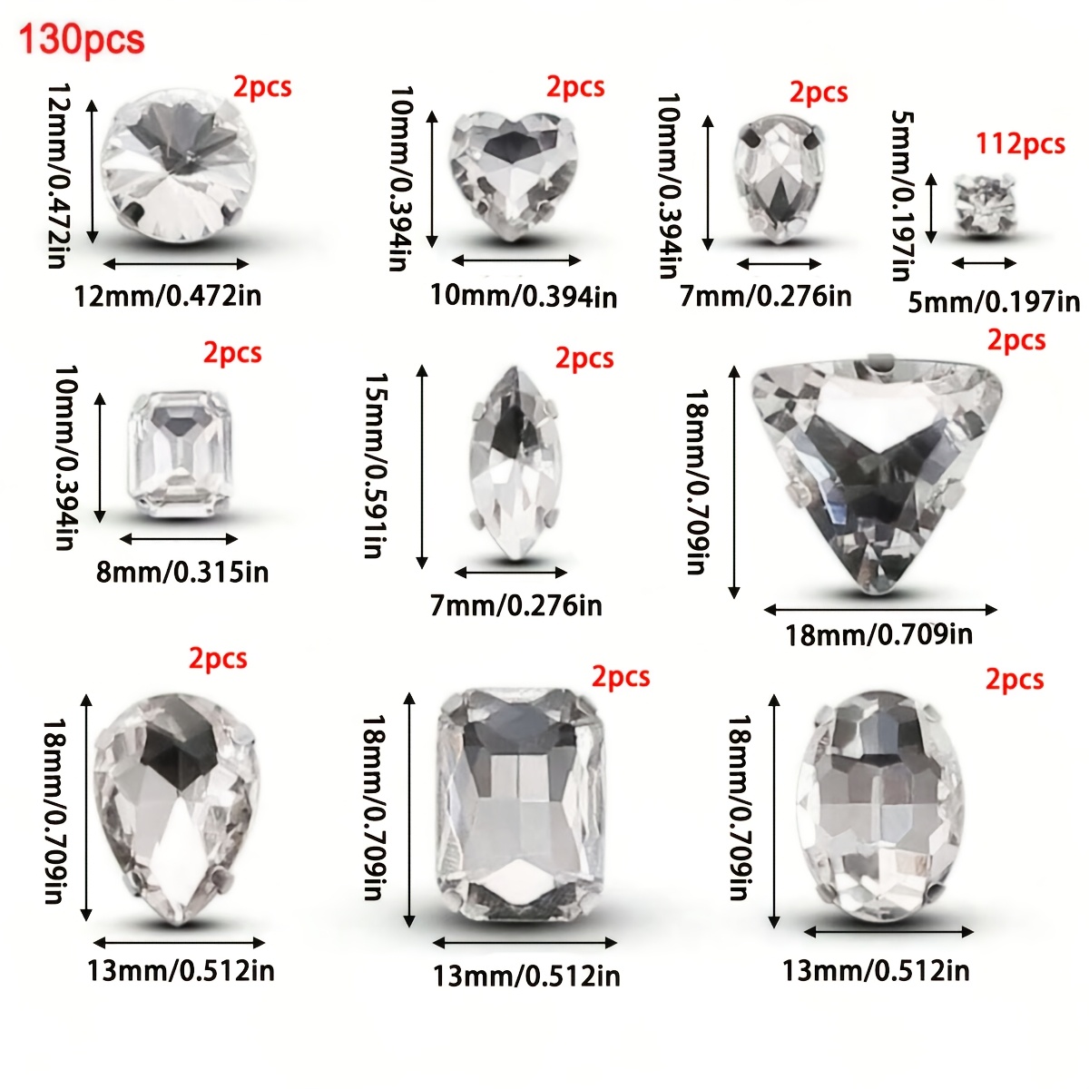 130pcs Clear Sew On Rhinestones, Mixed Shapes for Crafts