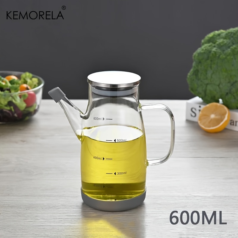 Image of Kemorela 1pc 600/800/1000ml Glass Oil Pot For Large Capacity Seasoning Bottle With Graduated Stainless Steel Lid Anti-leak Anti-slip Barbecue Oil Bottle