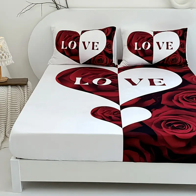 3pcs red and heart bed sheet 1pc bed sheet 2pcs pillowcase no filling deep pocket in 15 inch machine washable hypoallergenic high quality mattress protector bedroom high definition printing room decor couple gifts Product details 4