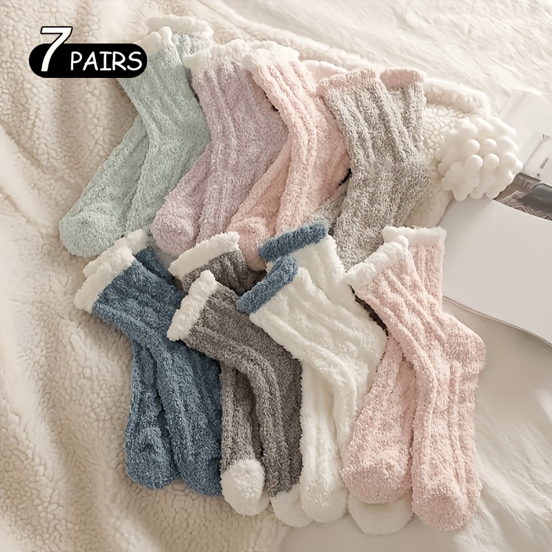 TEMU 7 Paar Damen Color-Block Plüsch Rüschen Korallenfleece Socken, Hochelastische Warme Heim-Mittelwaden Socken, Frühling Herbst Winter