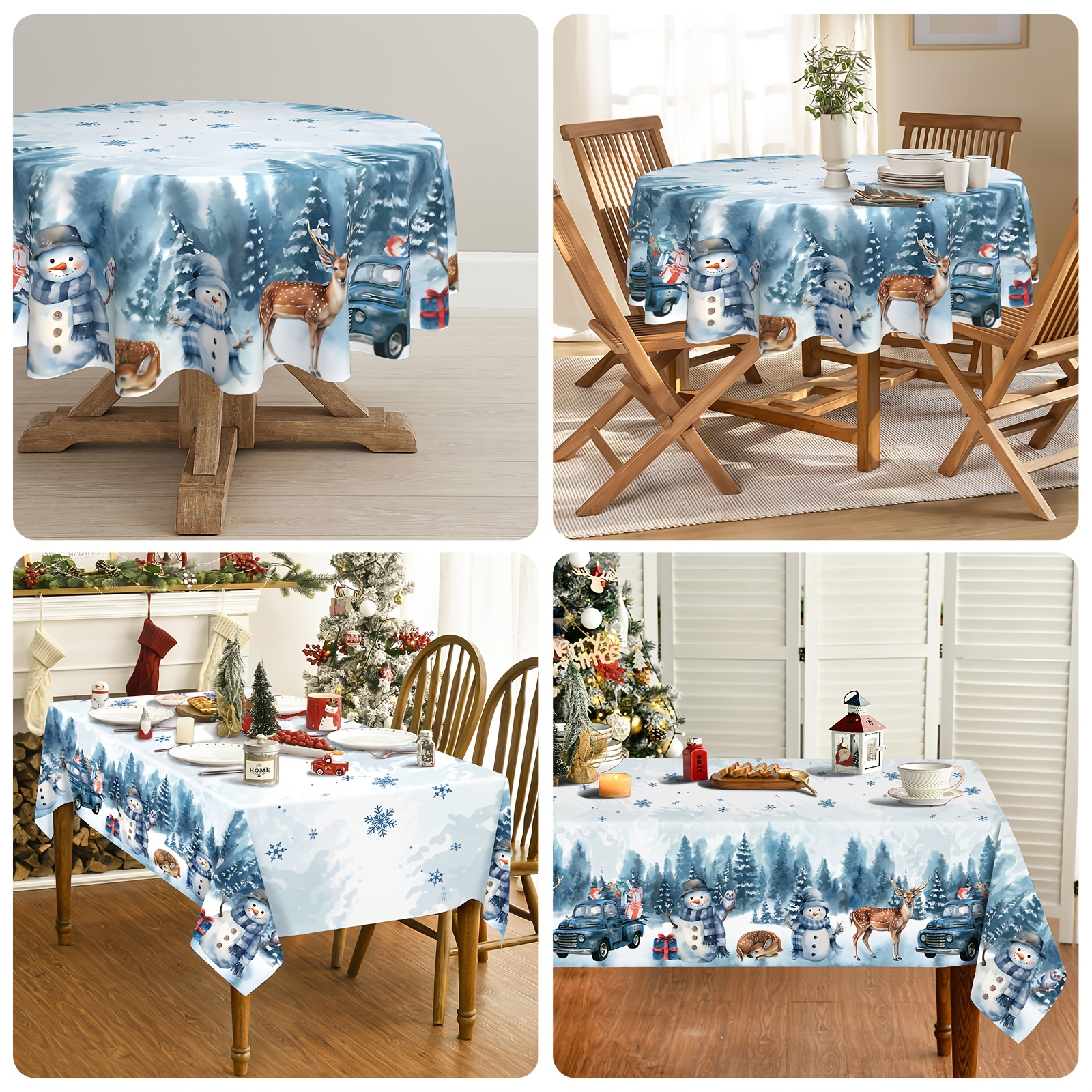 

1pc Christmas Tablecloth - Polyester, Round, With Snowman & Reindeer Truck Design, Accents - Ideal For Home Kitchen Dining & Picnic Decoration, Outdoor Christmas Decorations