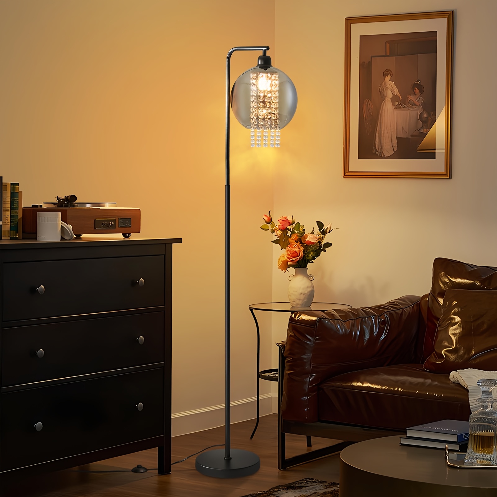Image of Floor Lamp Living Room Floor Lamp Retro - Black E27 Floor Lamp Floor Lamp With Foot Switch Design Glass Crystal Industrial Style Floor Lamp Suitable For Bedroom, Office, Sofa (excluding Light Bulb)