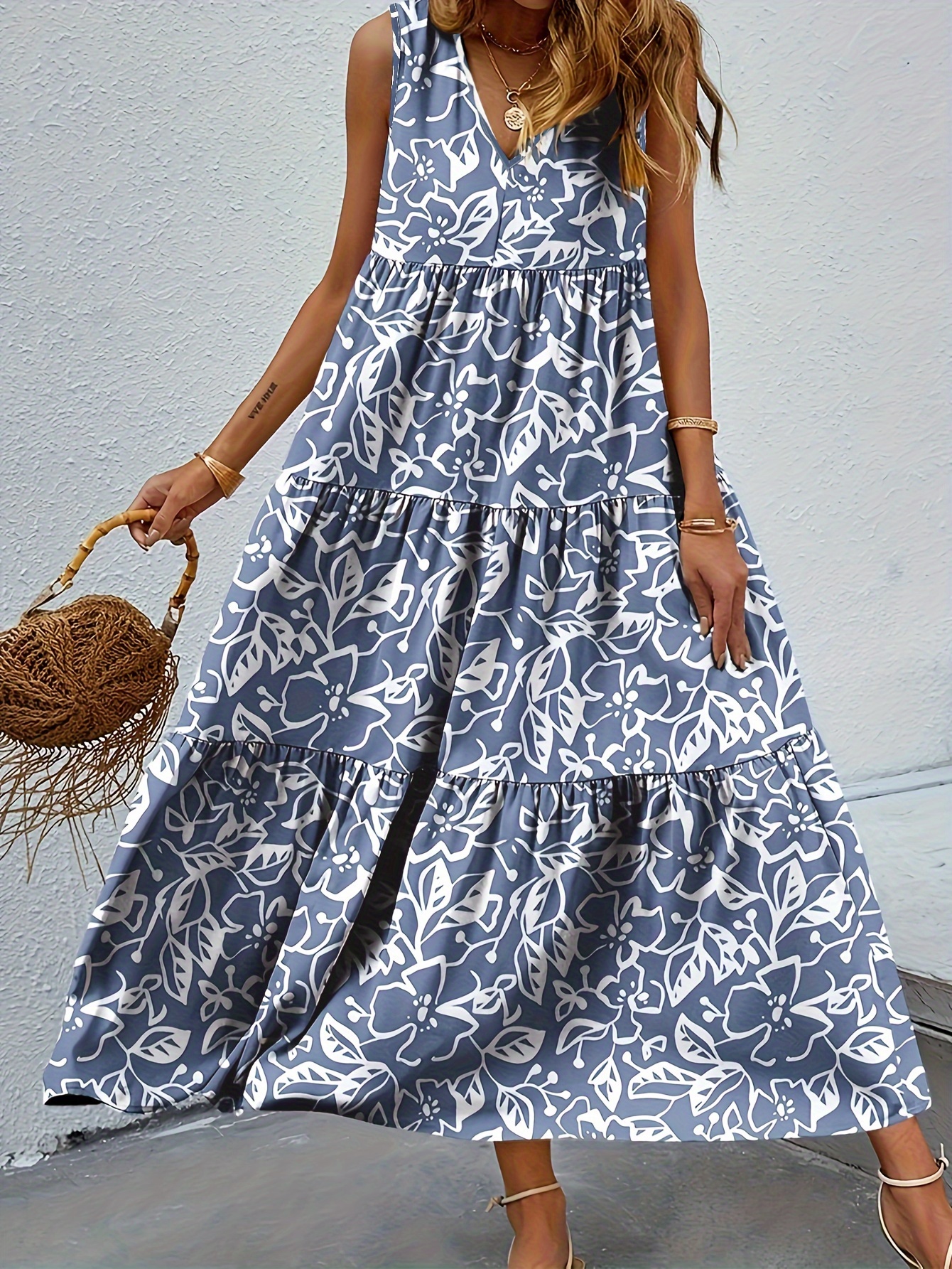 floral print ruffle hem loose tank dress vacation sleeveless v neck dress for spring summer womens clothing bright   0