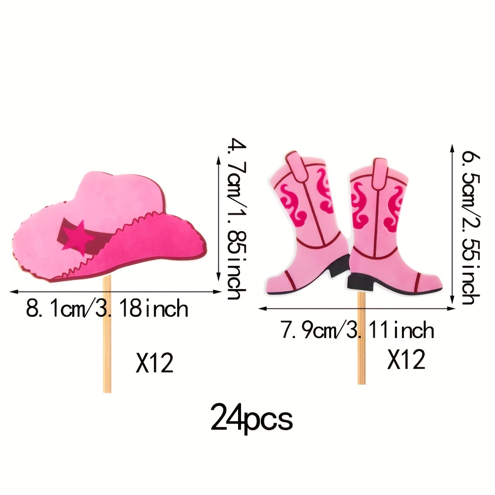 Image of 24 Sets Of Cowboy Cupcake Decorations, Cowboy Hats, Boots, Cupcake Decorations, Western Party Decorations, Western Themed Birthday Party Cake Decorations, Pink
