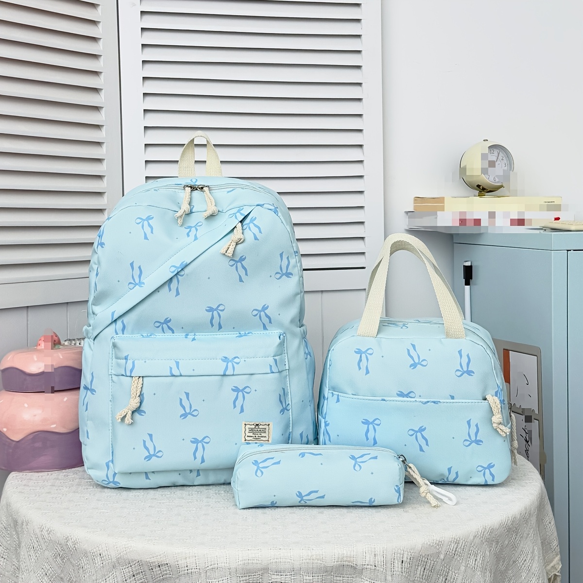 TEMU 3pcs Bow Print Backpack Set, Cute Bow Pattern 3-in-1 Backpack Set Cute College Style Rucksack With Lunch Bag & Pencil Case, Lightweight Nylon