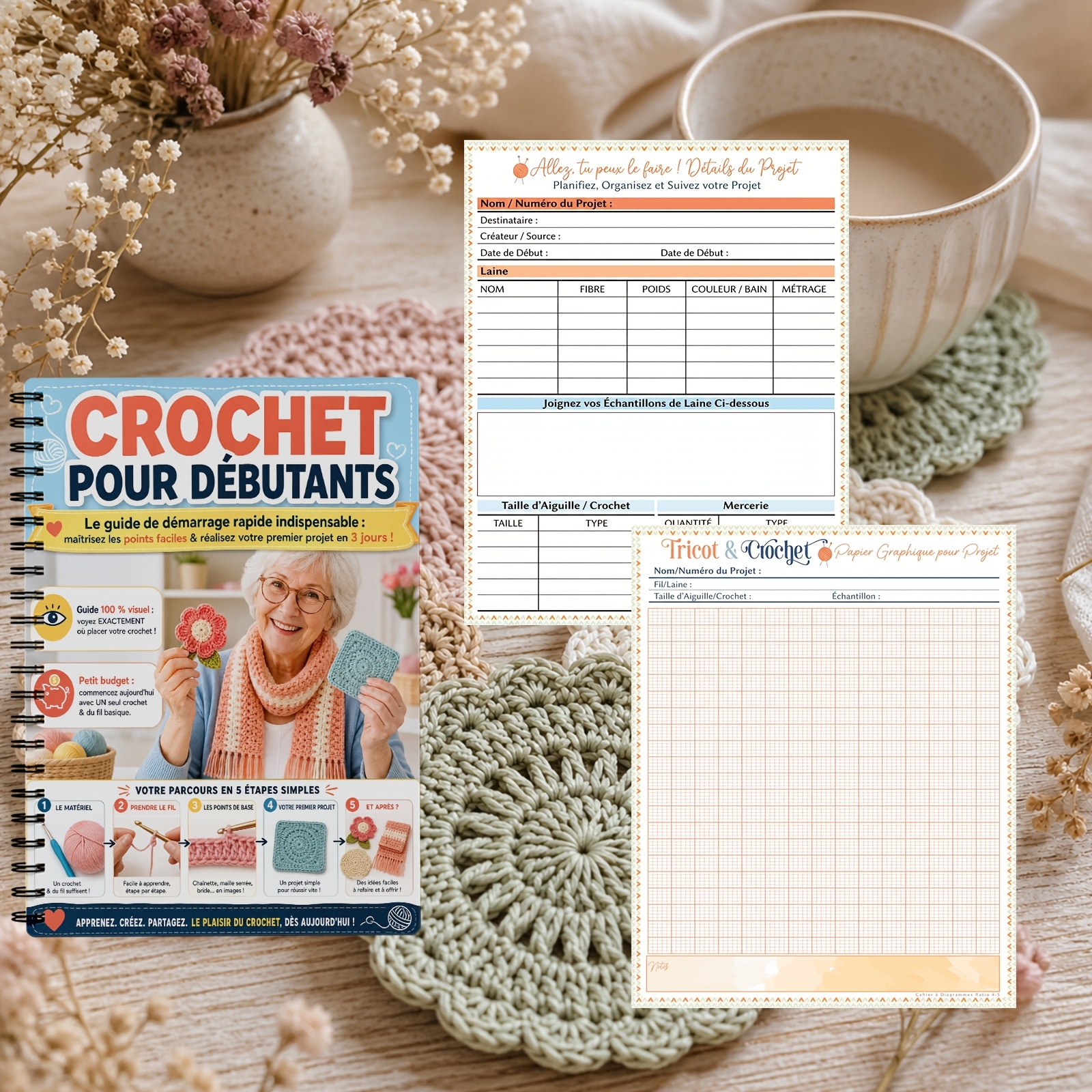 TEMU Carnet de de Crochet Édition Française avec de Fil et Compteur de - Planificateur de Techniques de à Niveaux Multiples pour Amateurs de Crochet,