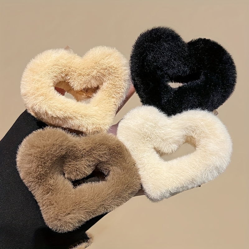 TEMU 4pcs Valentine'S Day Pinces à Cheveux Mini en Peluche de Cœur Femmes Automne Hiver Demi Cravate Pinces à Cheveux Coiffure Tempérament Arrière de