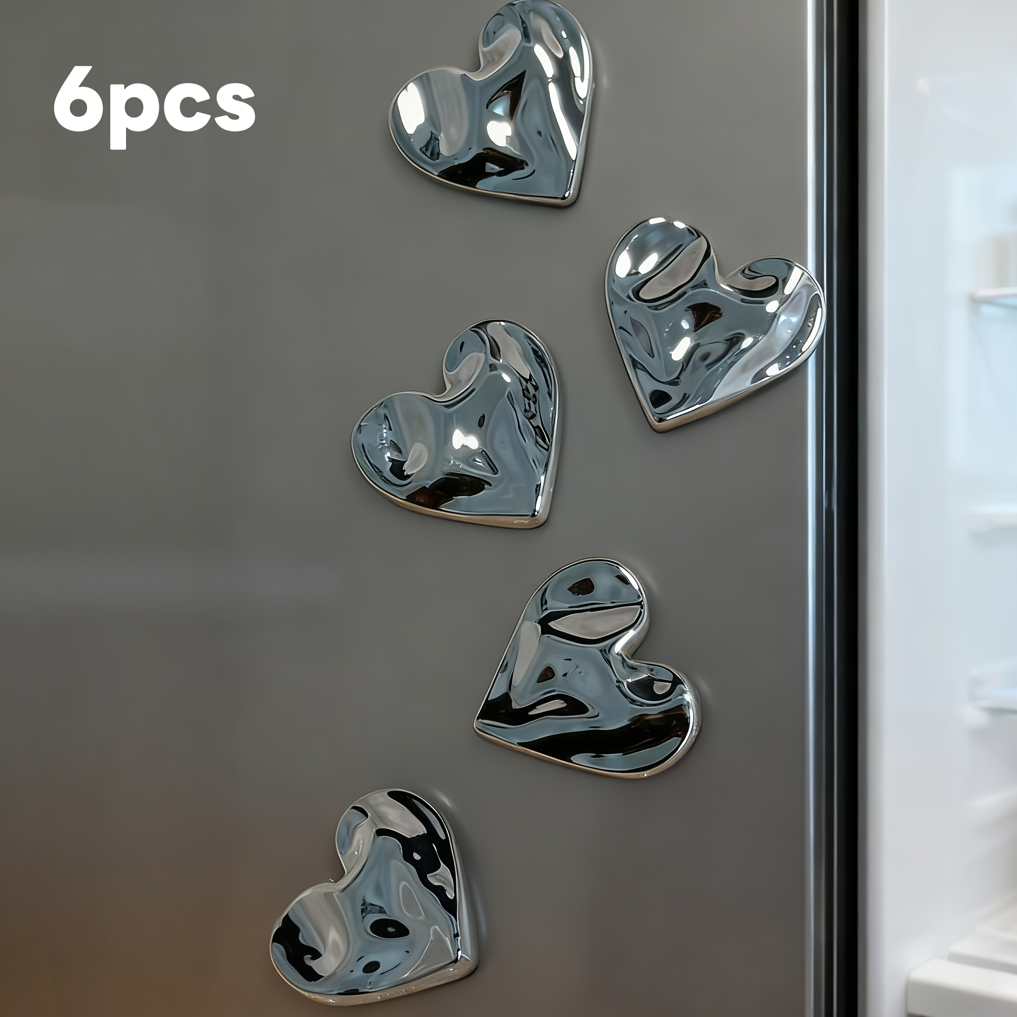 6pcs Silvery Glossy Heart Fridge Magnets, Sparkling Decorative Fridge Magnets, For Whiteboard Magnets, Office Decor, Kitchen Decor, Fridge Magnet Decor