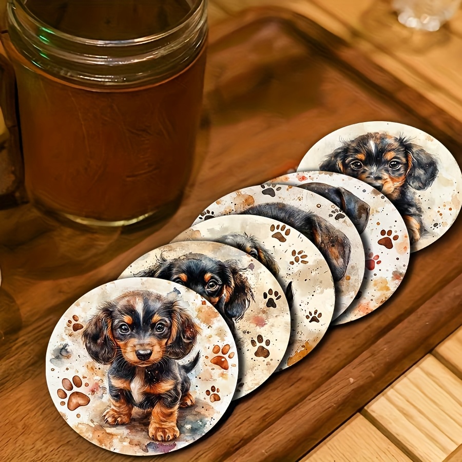 TEMU 6pcs Wooden Coaster Set, Animal Theme - Surreal Style Dachshund Dog, Round , Drinks, Coffee, And Tea - , Bar, And Restaurant Decor