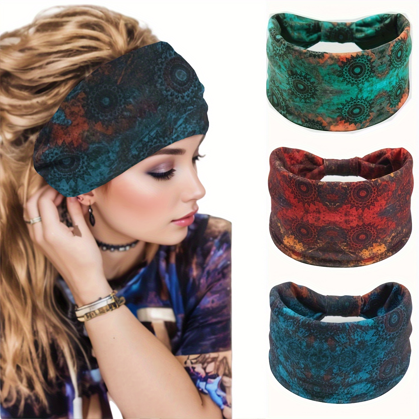 

3pcs Elegant Bohemian Style Women's Fashion Printed Wide Headbands, Versatile Knot Turban, Hair Accessory For Yoga, Running, Sports, Multifunctional Headwrap Neck Scarf