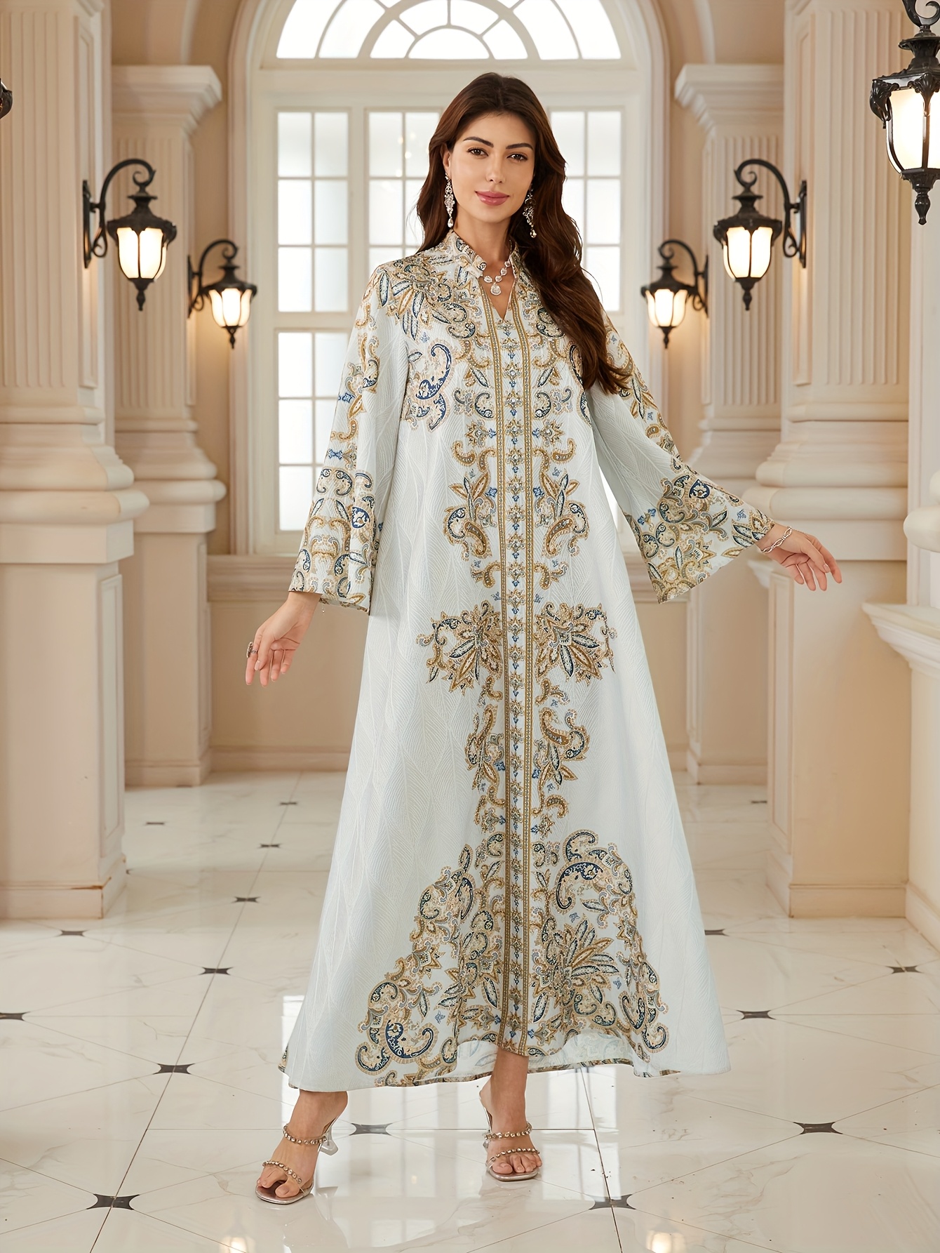 spot middle eastern style ramadan new muslim womens robe with floral print fashionable and elegant diamond encrusted abayas dress arabic evening gown jalabiya kaftan robe womens evening dress suitable for festival banquets brand new fabric