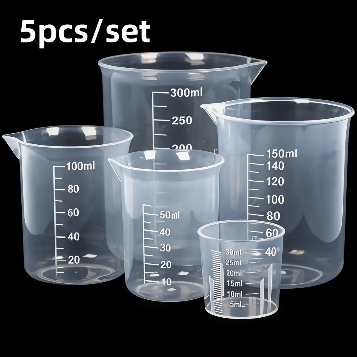 TEMU 5pcs Set Of Plastic Transparent Measuring Cups Laboratory Beakers Graduated Cups For Pigment Adjustment, With Scale Different Capacity Measuring