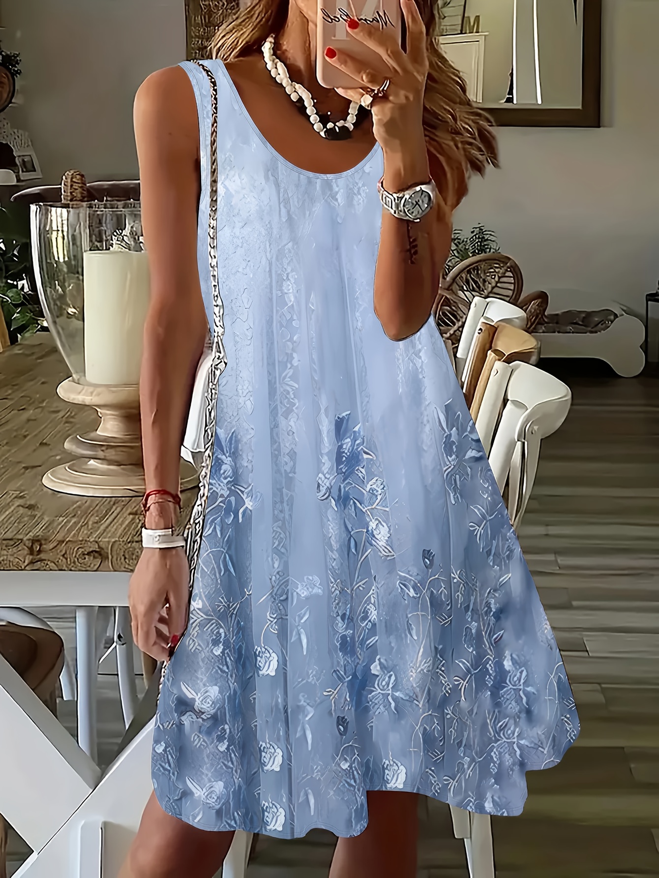 Plus Size Women's Sleeveless A-Line Dress - Tropical Leaf Print Gradient  Color Casual Summer Dress plus size womens sleeveless a line dress tropical leaf print - Temu