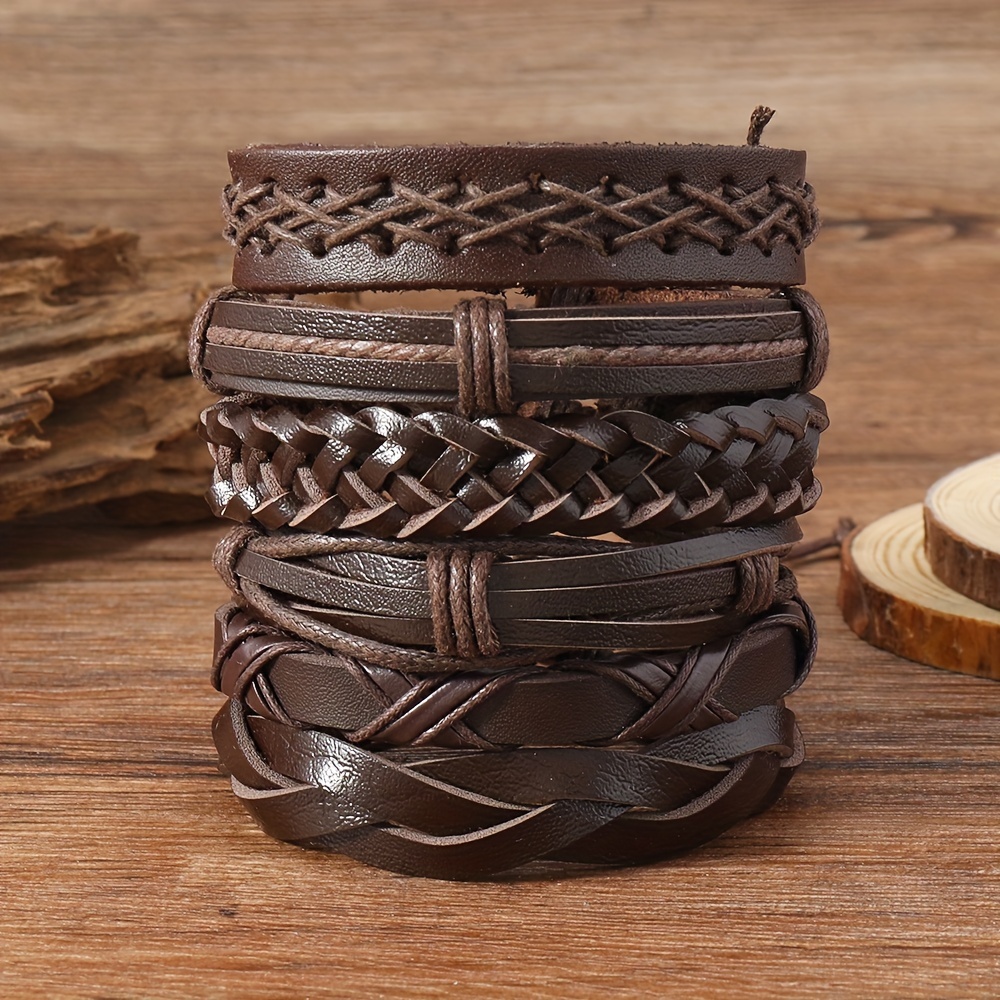 

Vintage Style 6-piece Set Pu Leather Woven Wristbands, Multilayer Adjustable Cuff Bangles With No Pendant