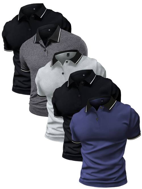 set of 5 summer shirts for men with a collar solid color short sleeves in multiple colors suitable for work and casual sportswear