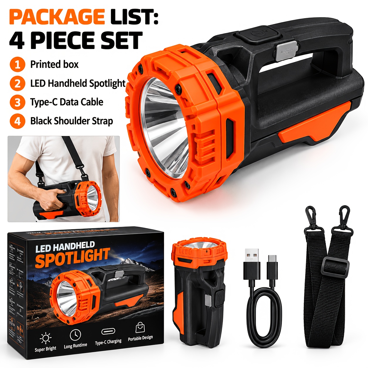 TEMU 4pcs Total, Multifunctional Solar Led Flashlight, With Cob Side Light And Adjustable Shoulder Strap, Rechargeable Usb Handheld Portable