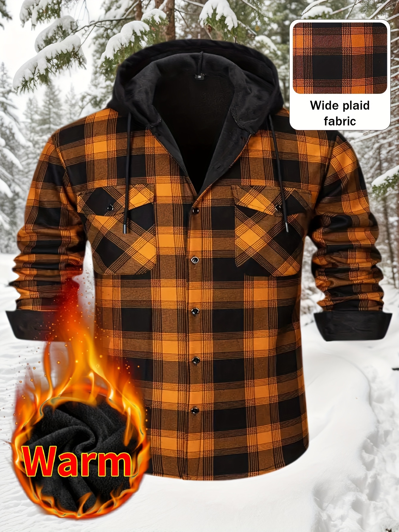 Thermisch werkschort met capuchon voor heren - Heavy-duty fleece gevoerde winterjas met ruitpatroon, volledige ritssluiting aan de voorkant, lange mouwen