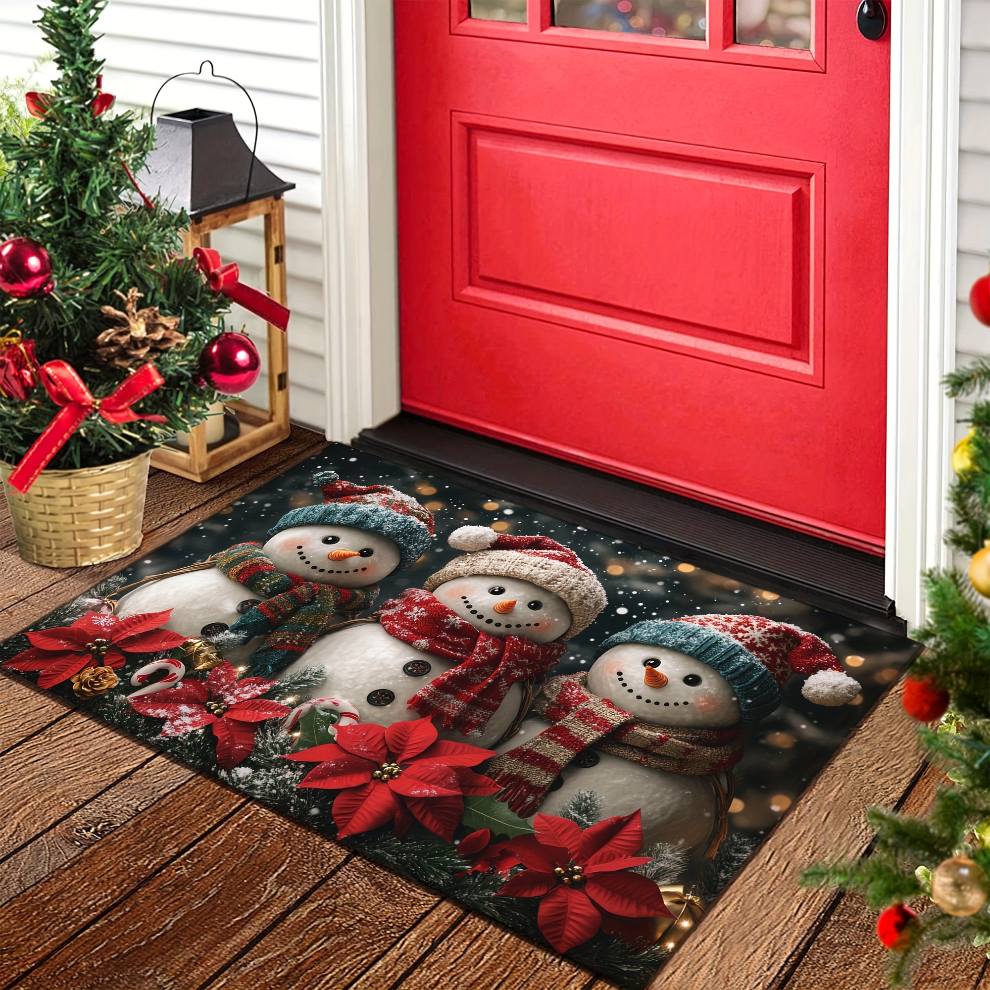 

Christmas Snowman Welcome Doormat, Non-slip Rubber Backed, Machine Washable, Lightweight Braided Rectangle Floor Mat, Polyester With Locking Edge, Decoration For Doorway Bathroom Balcony