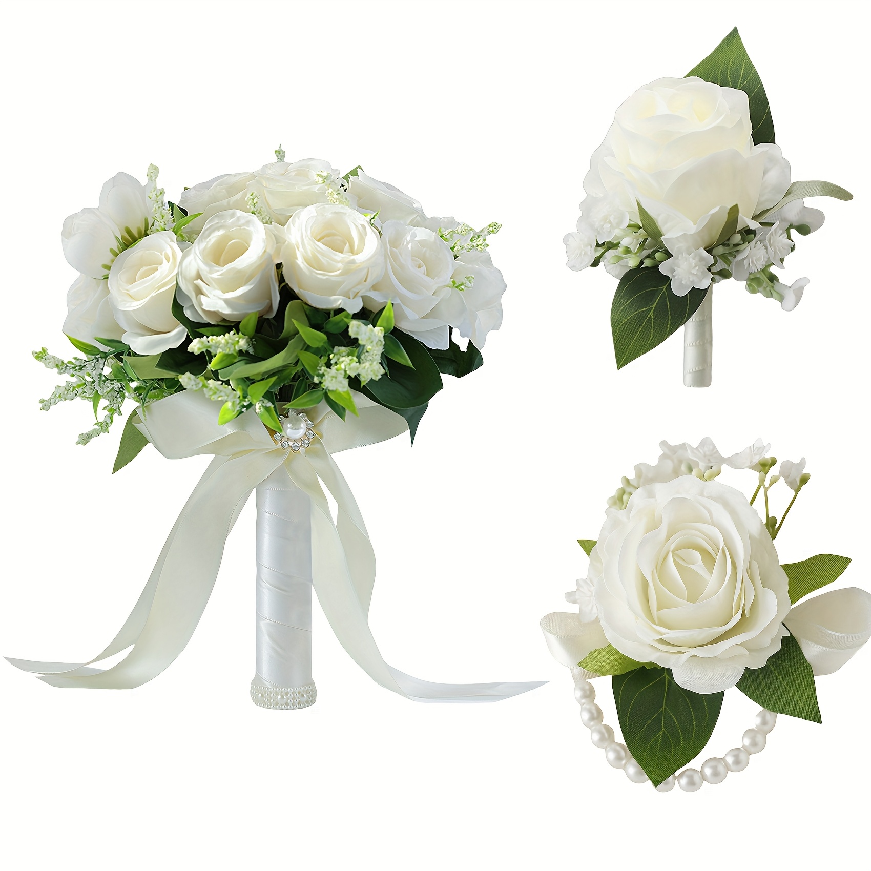 E-shop Set mit 3 weißen Rosen Hochzeitssträußen, geeignet für Brautinnen, elegante künstliche Rosen-Boutonnieren für Bräute und Bruderschaft,