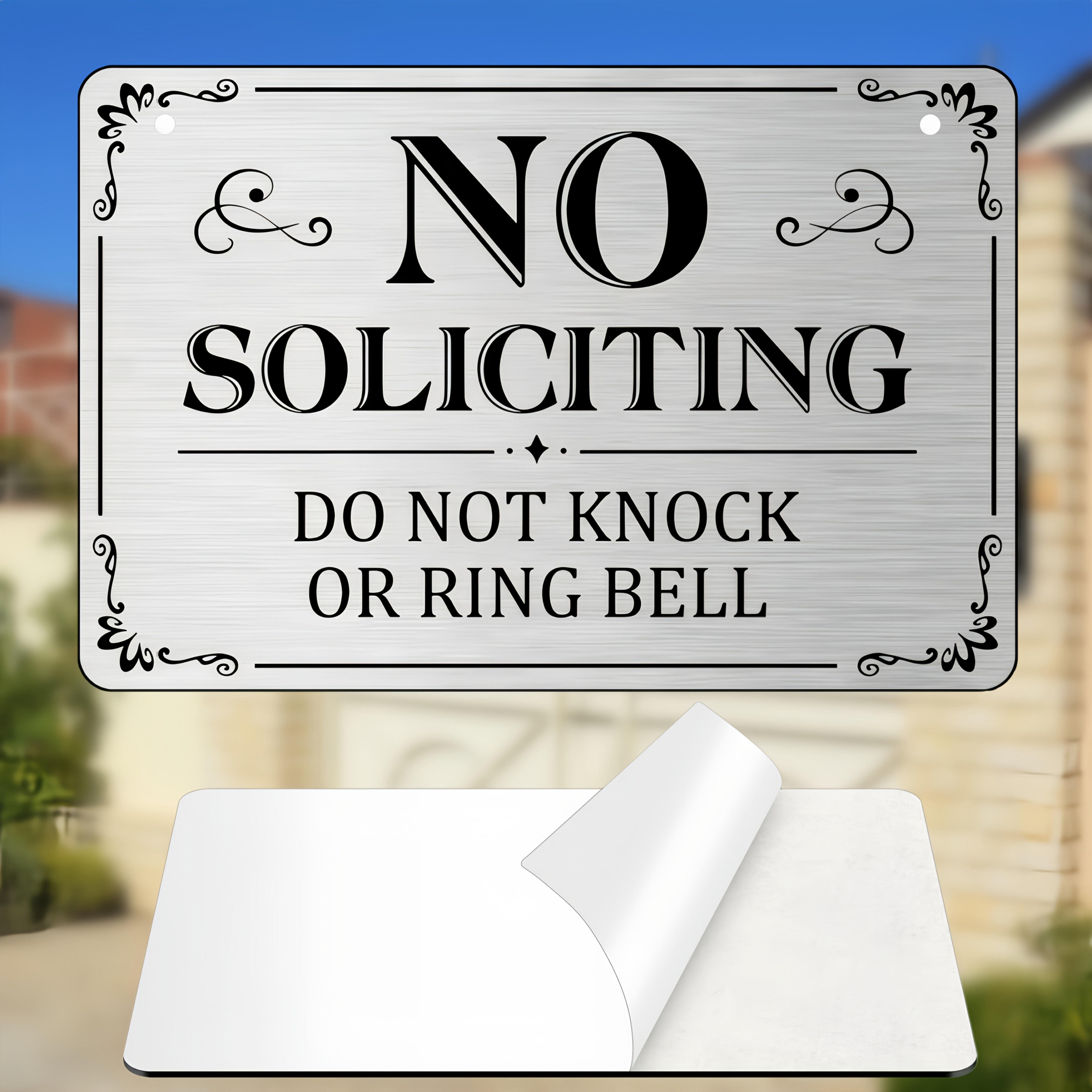TEMU 1pc No Soliciting Sign For Front Door, Self-adhesive No Soliciting Sign For House, 6 X 4-inch Brushed Silvery Garden Sign