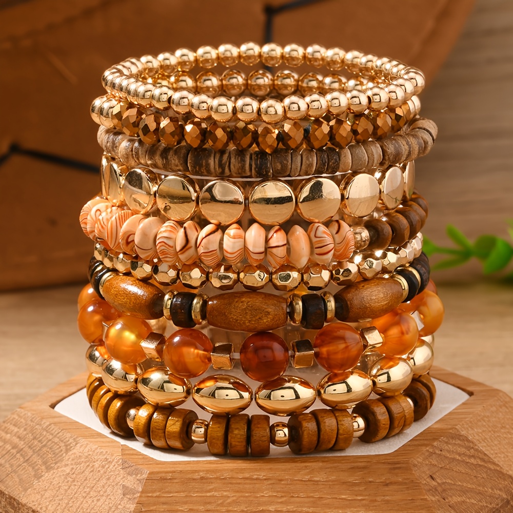 TEMU 10pcs Bohemian Beaded Bracelet Set Suitable For Layered Stackable, Wood & For Mardi Gras, Easter, Valentine' Day Gifts, Daily Wear, Parties,