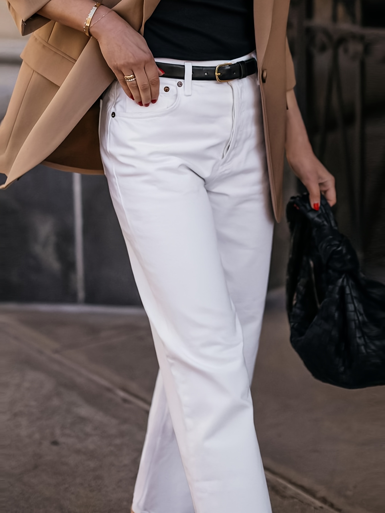 Women's stretchy loose straight wide leg cropped white jeans, solid color  washed comfortable business casual pants with pockets, elegant ladies'