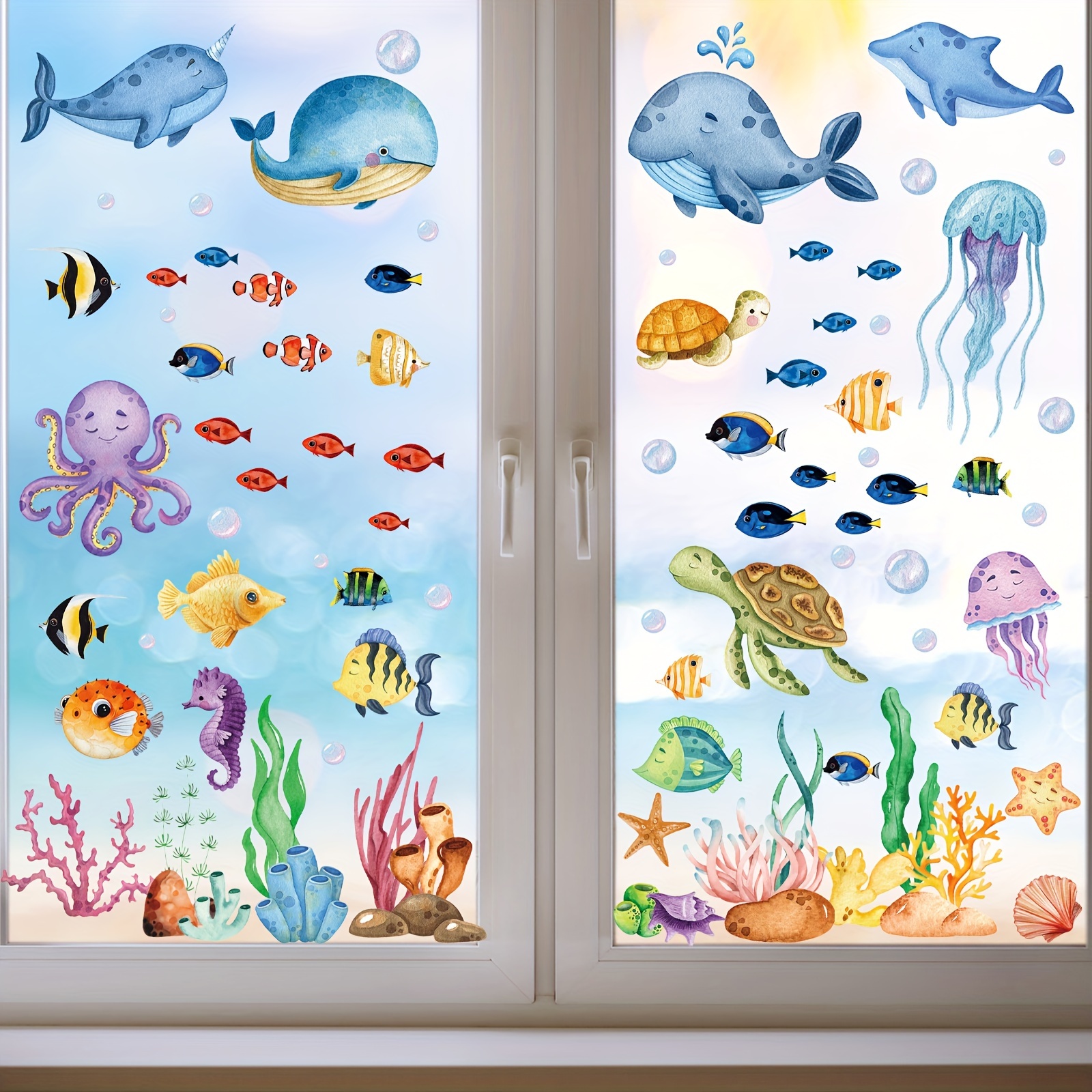 

9 Sheet, Ocean Theme Window Clings Watercolor Sea Animal Window Stickers Under The Creature Reusable Static Window Decals For Office Party Decor, Dolphin, Whale, ,