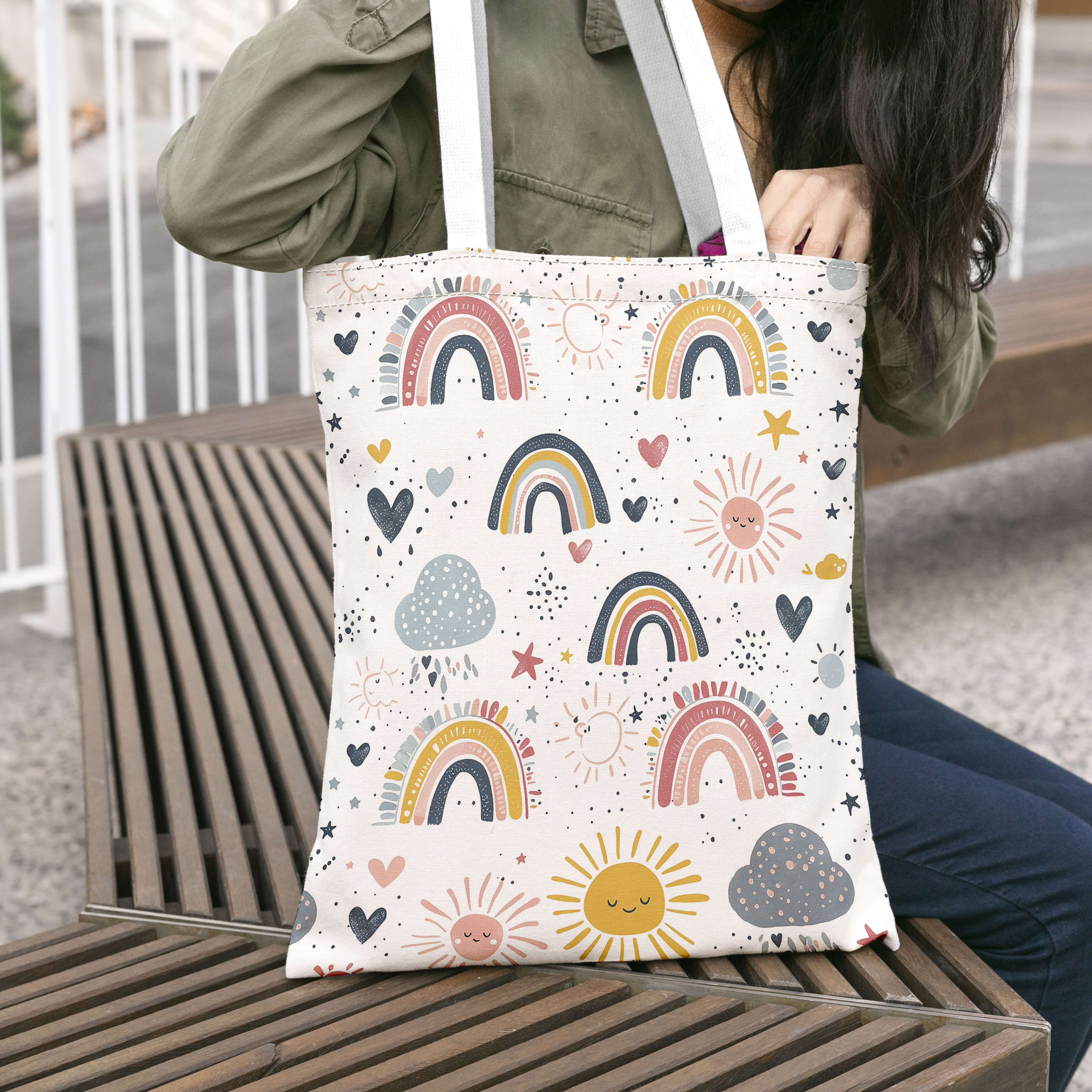 Image of Large Canvas Tote Bags With Sun, Moon, Rainbow Designs - Multifunctional Shoulder Bags For Shopping, Work, Travel, Affordable Fashion Accessory For Ladies