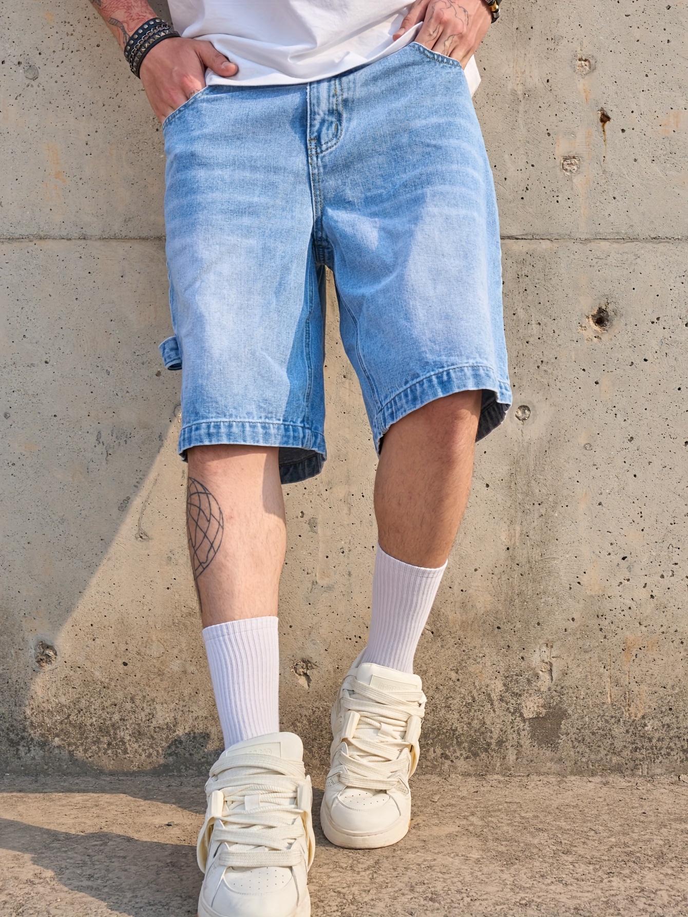 mens light blue denim bermuda shorts casual loose fit   waist non stretch  c with pockets for summer 2025 casual summer wear loose fit shorts nonstretch   0