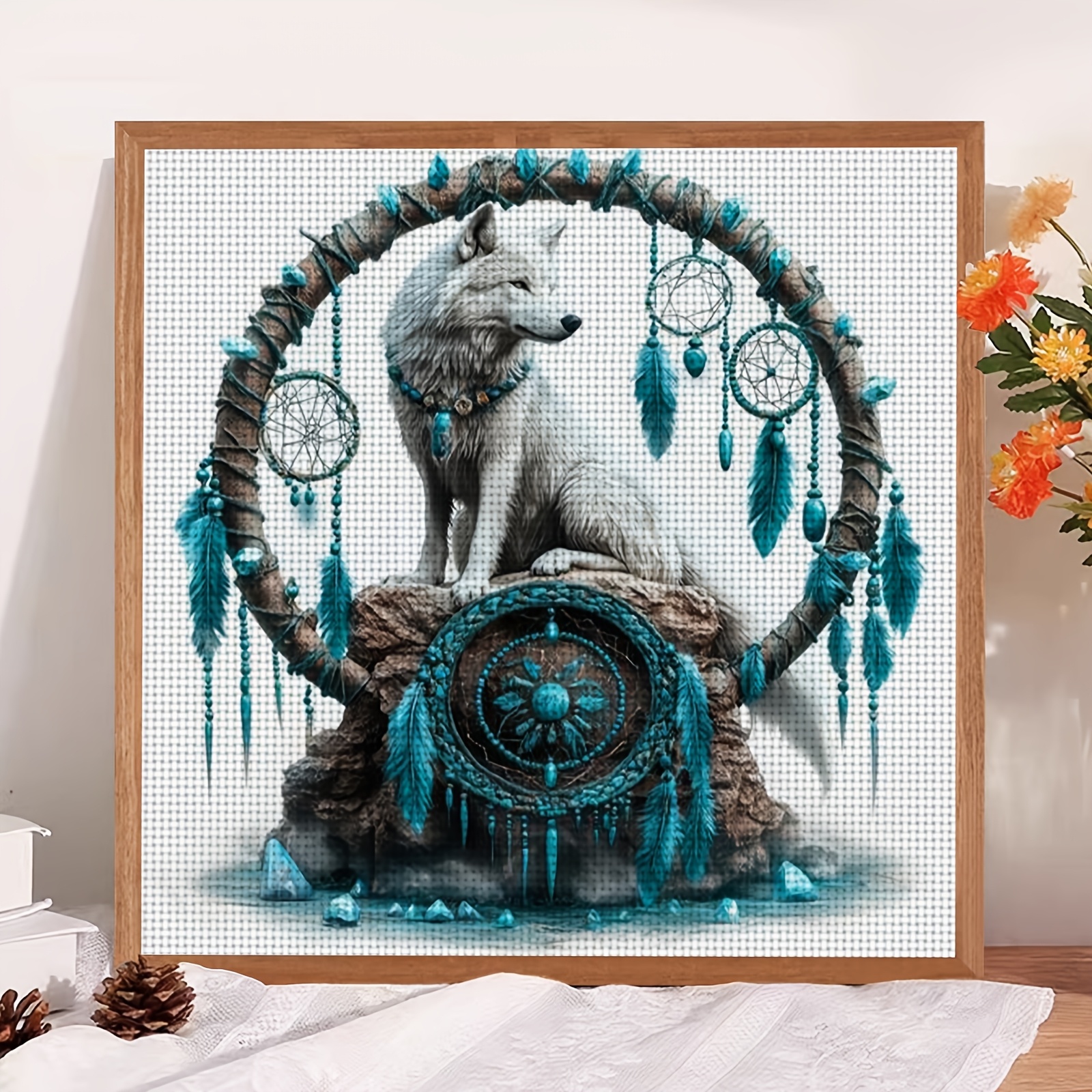 Cross Stitch Kit, White Wolf In Circle Design