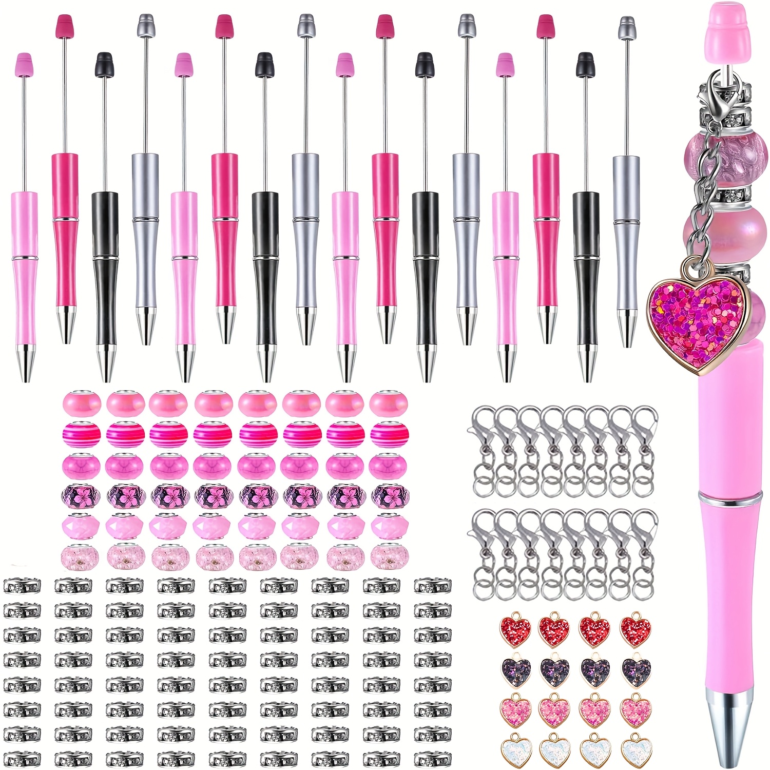 TEMU 168 Heart-shaped Pendant Bead Pen Set, 16 Bead Pens, 60 Large Hole Beads, 60 Spacer Beads, 16 Heart-shaped Pendants, And 16 Lobster Clasps Made