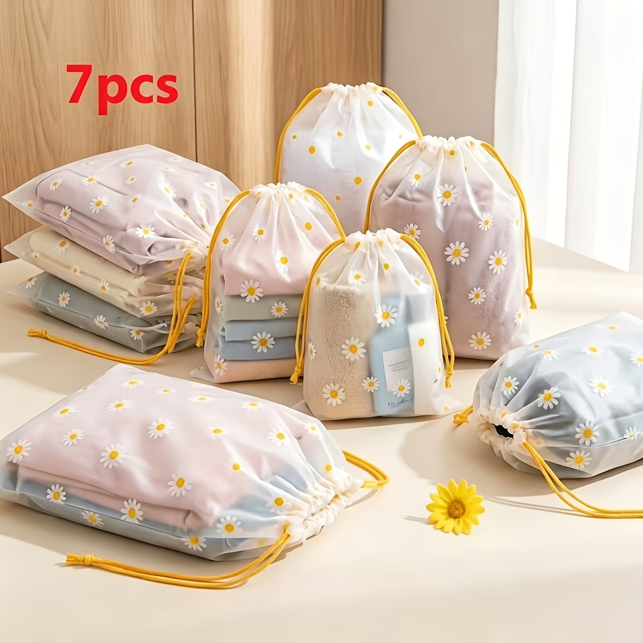 TEMU 7pcs/15pcs Drawstring Storage Bags, Dual-use For Home And Travel, Clear Reusable Organizer Pouch For Shoes, Underwear, Towels, Socks, Cosmetics,