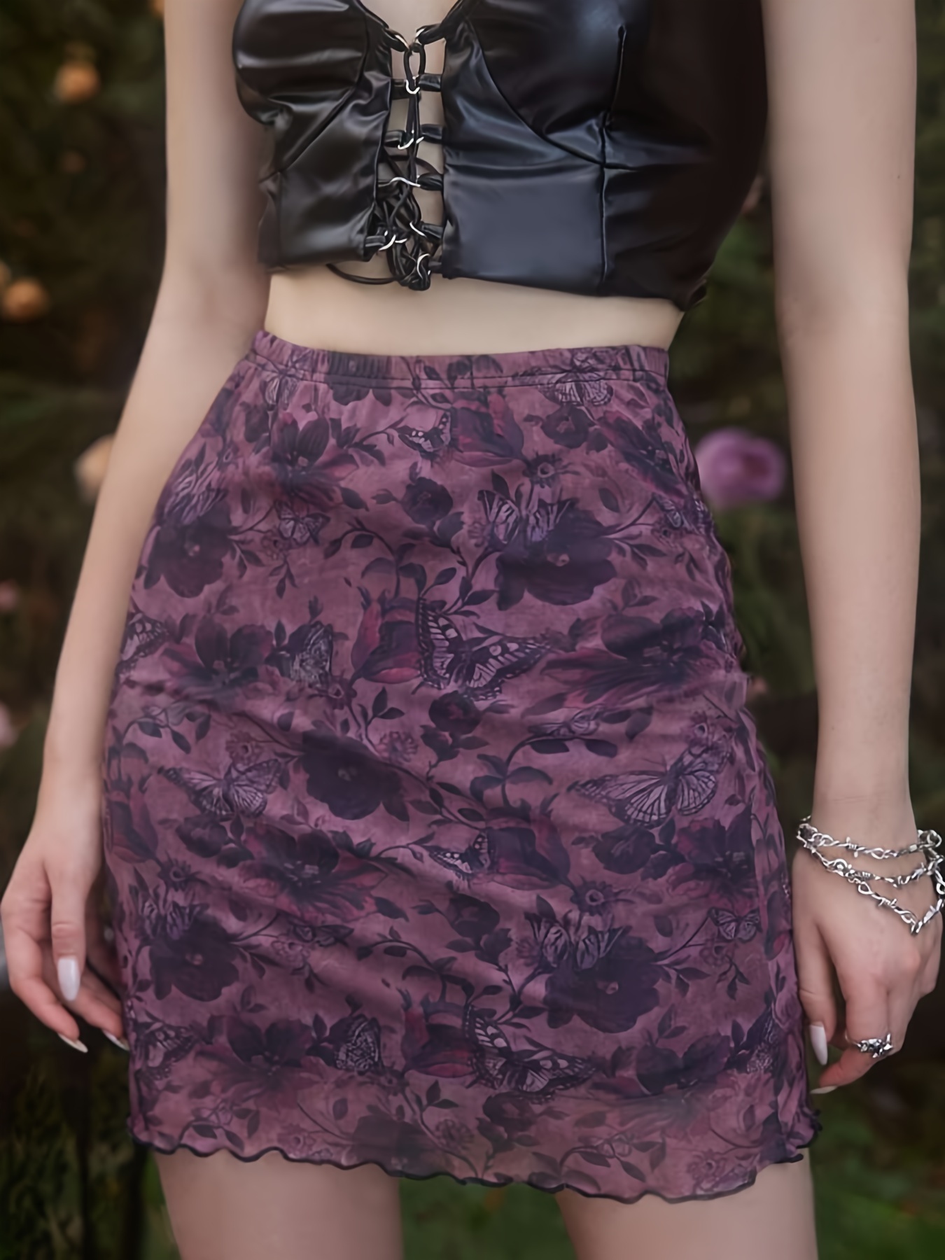 Floral Print Lettuce Trim Skirt, Vintage High Waist Slim Skirt For Spring &amp; Summer, Women's Clothing