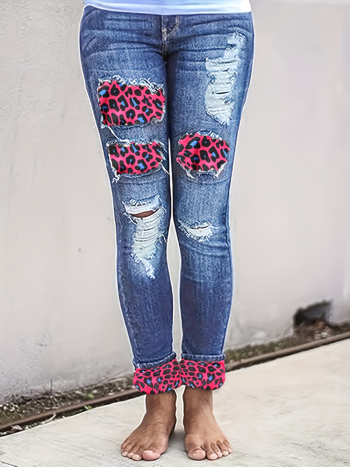 leopard print ripped jeans distressed whiskering Temu Ireland
