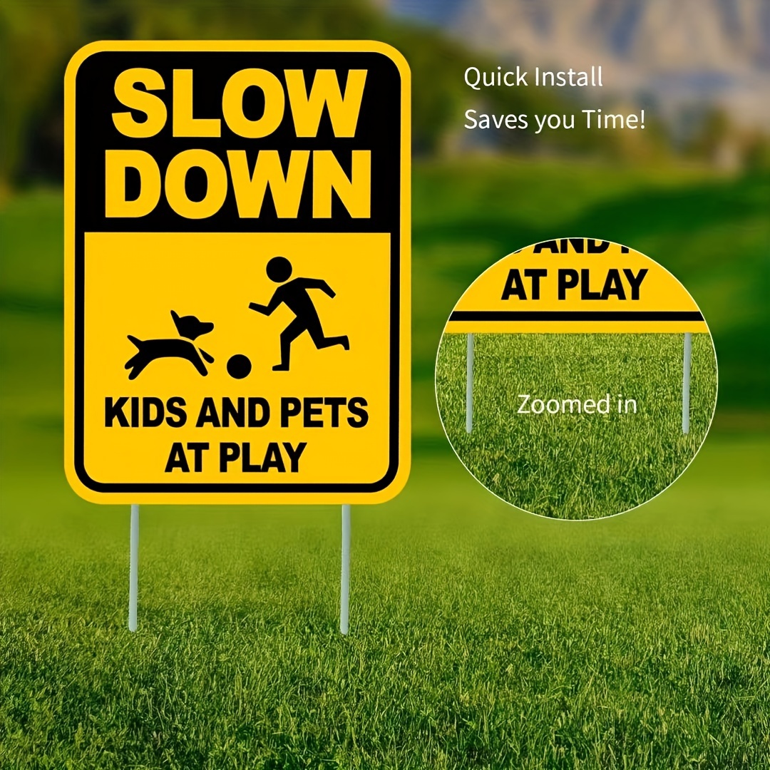 

1pc, Slow Down Sign With Metal Stakes, Sign, Corrugated Plastic Double-sided Yard Sign, Warning Sign, Street And Lawn Neighbor Sign