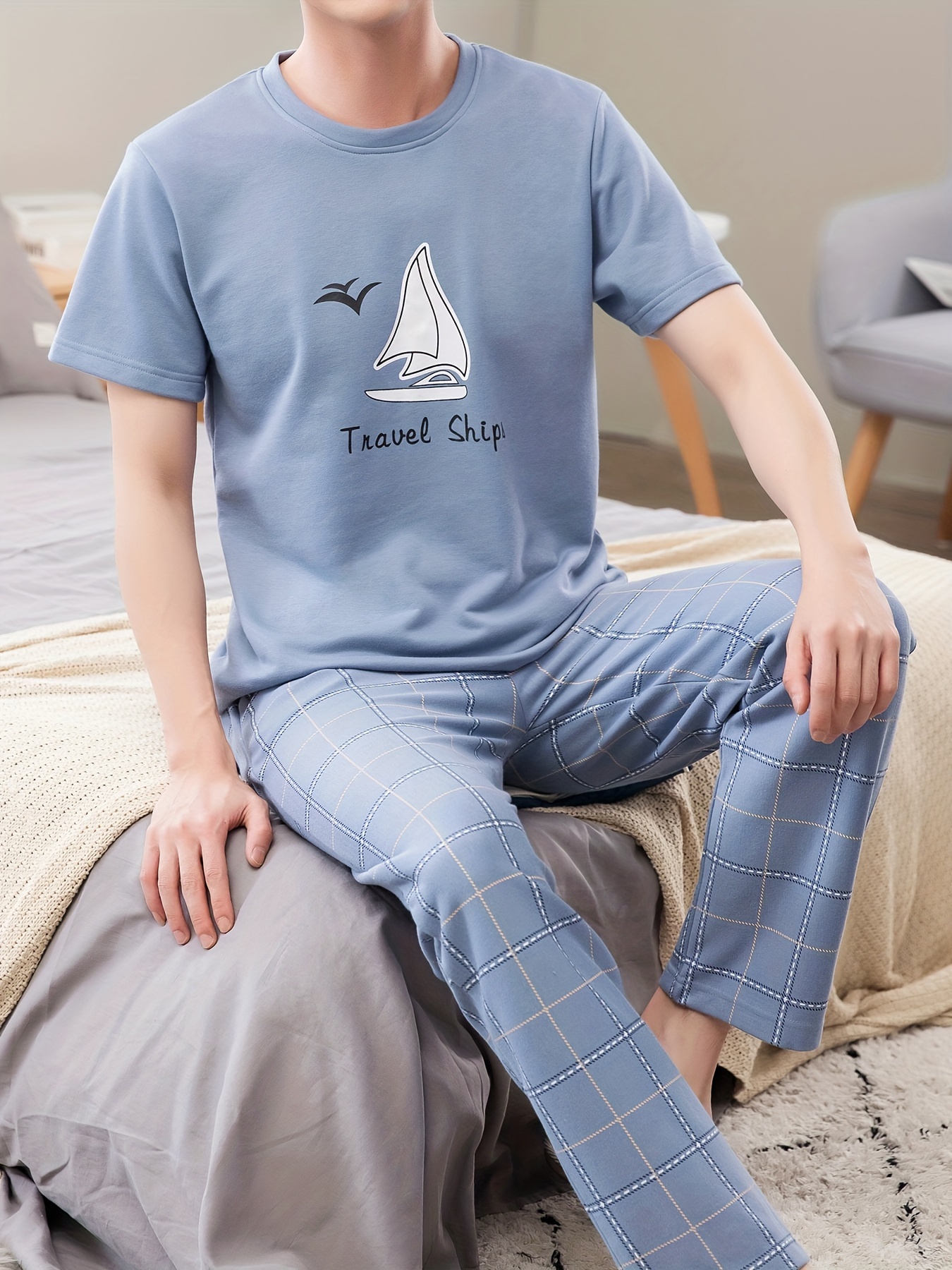 Men's Summer Cotton Pajama Set - Casual & Comfy Short Sleeve Tee with Long Pants, Breathable Lightweight Sleepwear
