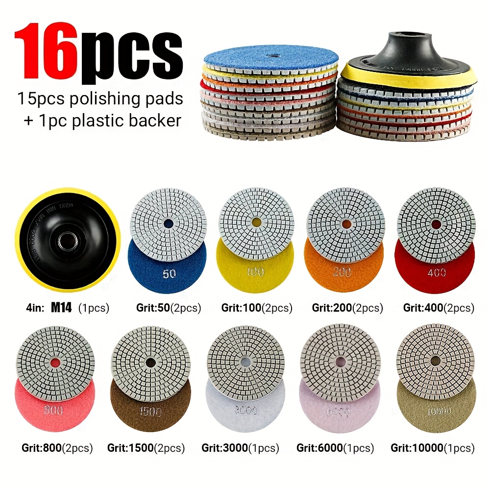 TEMU Kit de Tampons Diamant 4 Pouces (100 mm) - Ensemble 16 Pièces Grain 50-10000 pour Granit, Marbre et Béton - Inclut Support 5/8"-11 pour