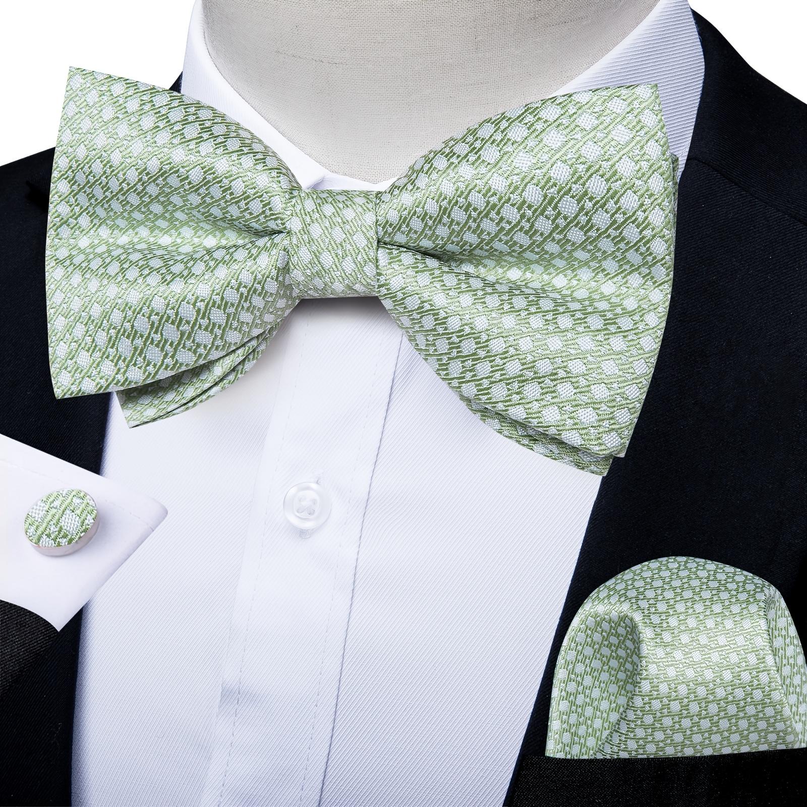 Image of Earthy Pre-tied Sage Green Geometric Bow Tie Set, Includes Pocket Square & Cufflinks, For Spring Events, Garden Weddings & Casual Gatherings