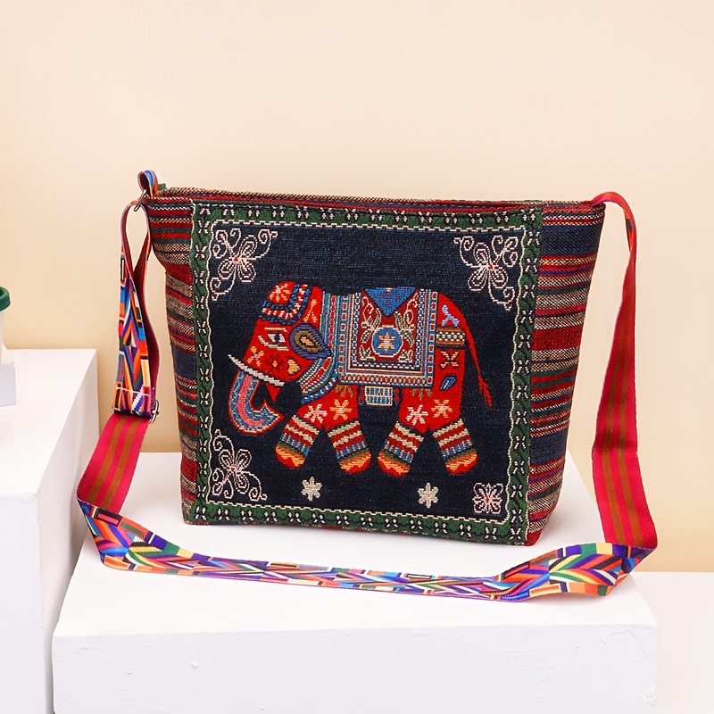 TEMU Ethnic Style Women's Large-capacity Crossbody Bag, Casual Commuting Bag, Retro Adjustable Wide Shoulder Strap, Ethnic Embroidered Cute Elephant