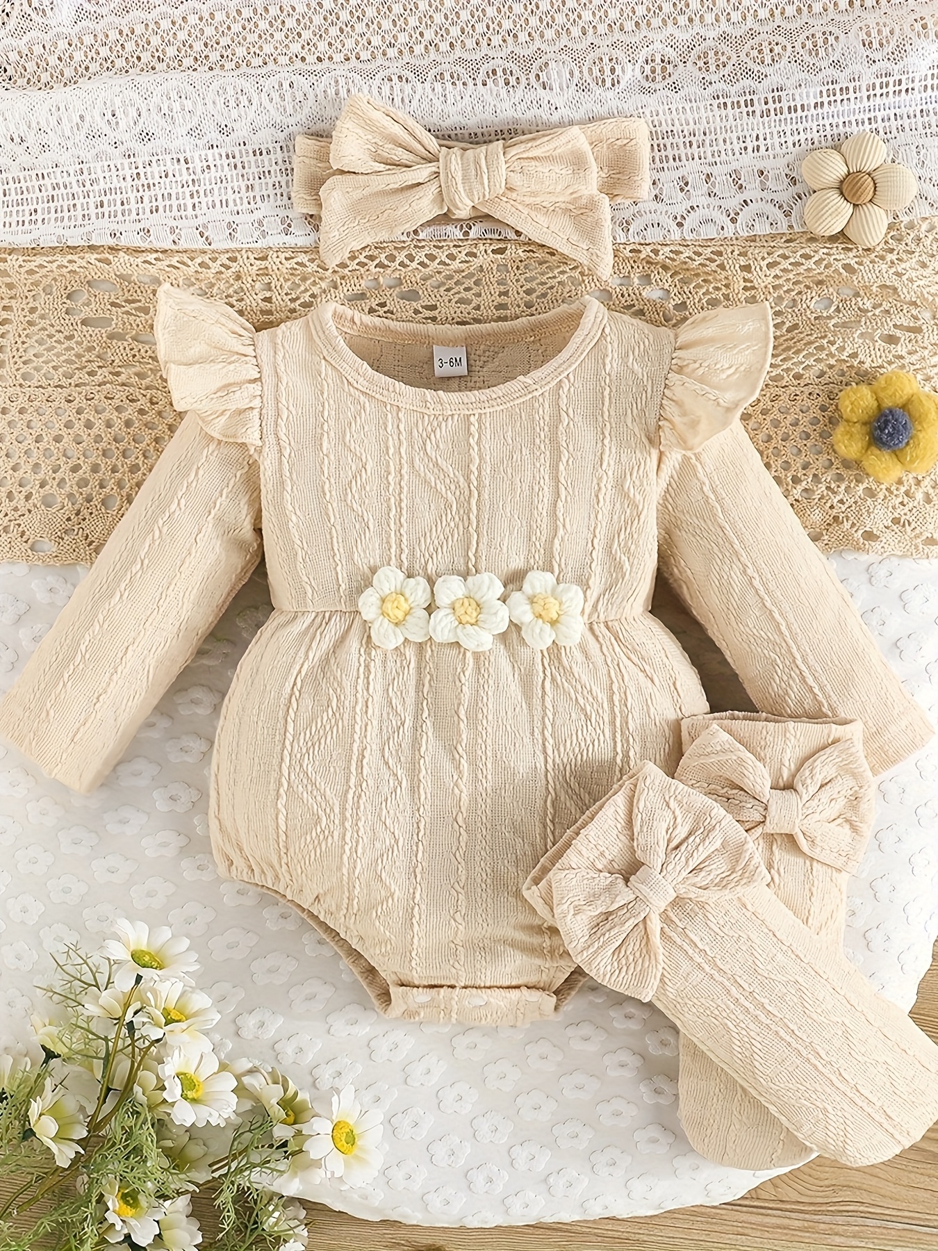 3pcs adorable summer outfit baby girl beige knit jumpsuit Temu