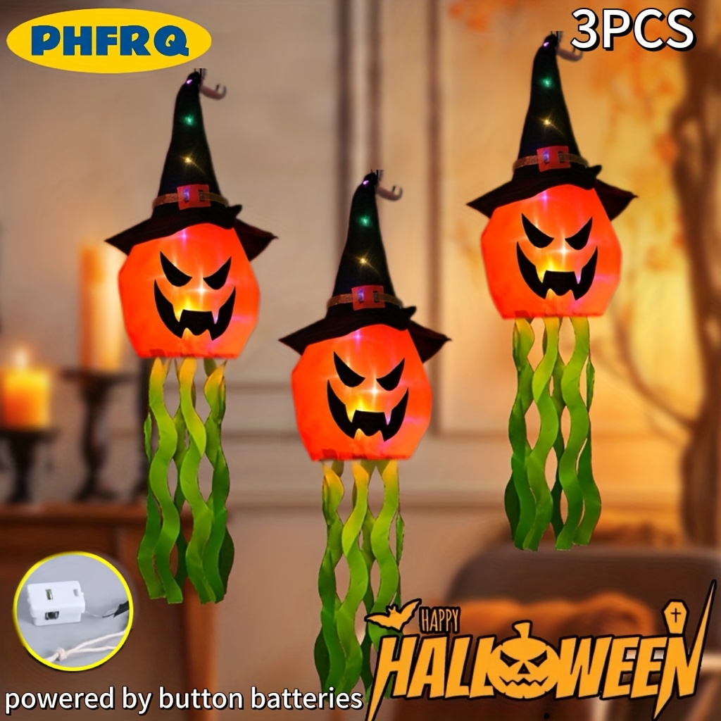 Image of Phfrq-3pcs Light-up Pumpkin Witch Hat Ornaments, Button Batteries (button ), For Halloween Horror Atmosphere, Outdoor Courtyard Decoration Arrangement Supplies